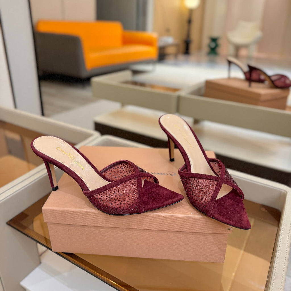 GIANVITO ROSSI 26S POINTED TOE HIGH HEELS 85 MM IN DARK RED SUEDE WITH RHINESTONE STRAP