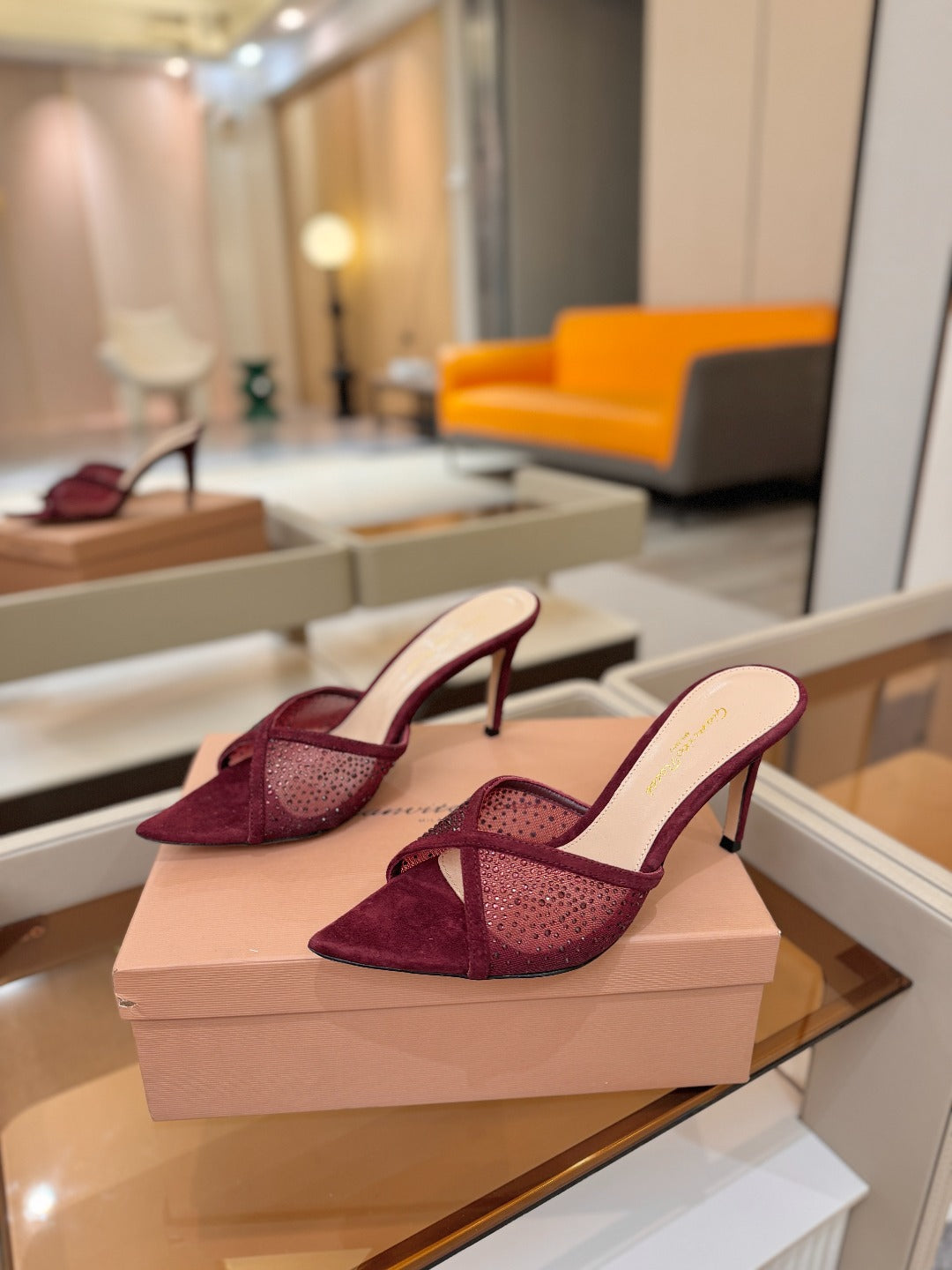 GIANVITO ROSSI 26S POINTED TOE HIGH HEELS 85 MM IN DARK RED SUEDE WITH RHINESTONE STRAP