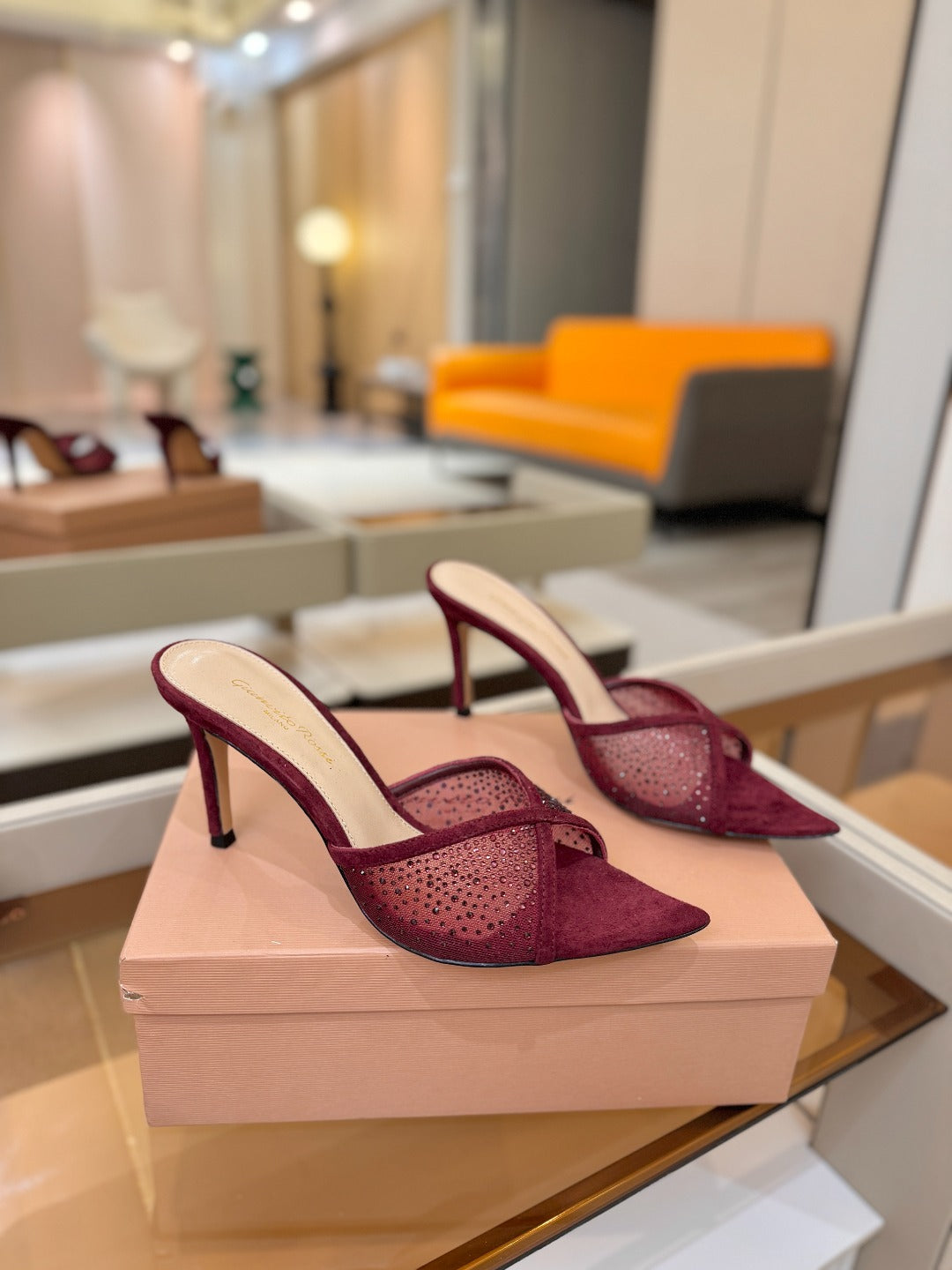 GIANVITO ROSSI 26S POINTED TOE HIGH HEELS 85 MM IN DARK RED SUEDE WITH RHINESTONE STRAP