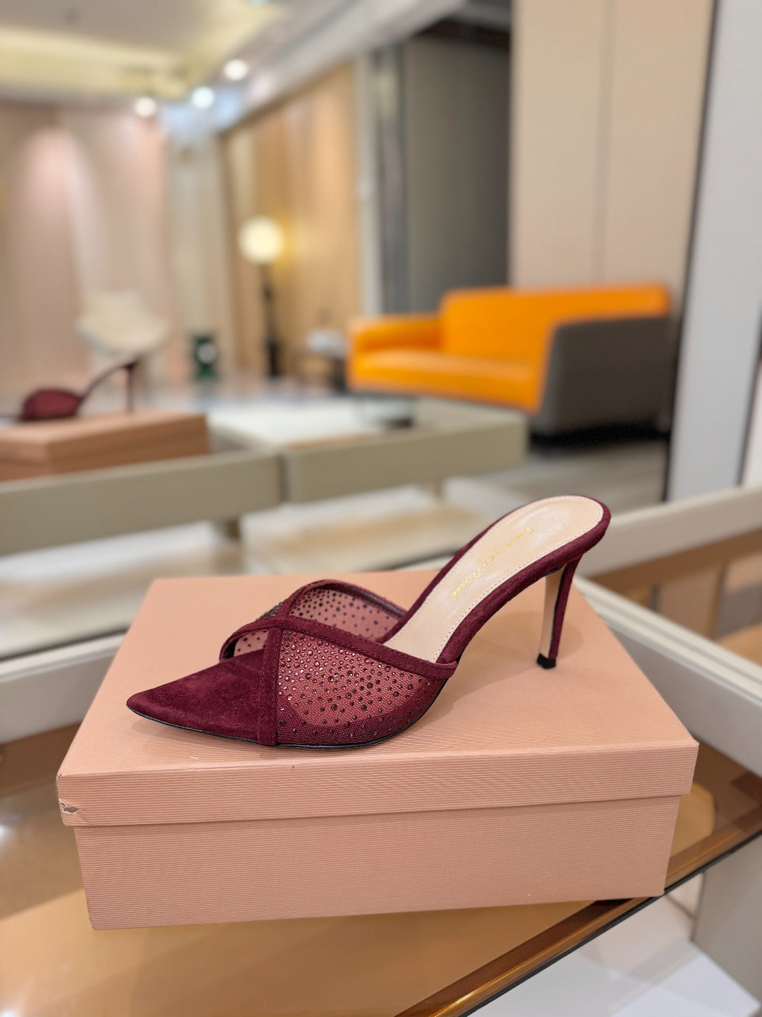 GIANVITO ROSSI 26S POINTED TOE HIGH HEELS 85 MM IN DARK RED SUEDE WITH RHINESTONE STRAP