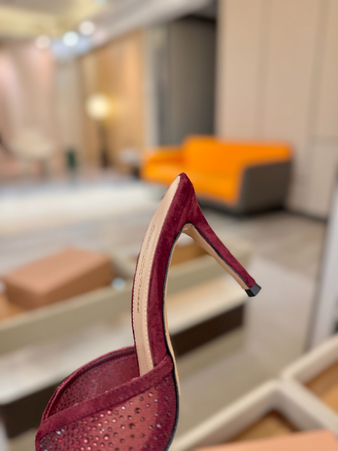 GIANVITO ROSSI 26S POINTED TOE HIGH HEELS 85 MM IN DARK RED SUEDE WITH RHINESTONE STRAP