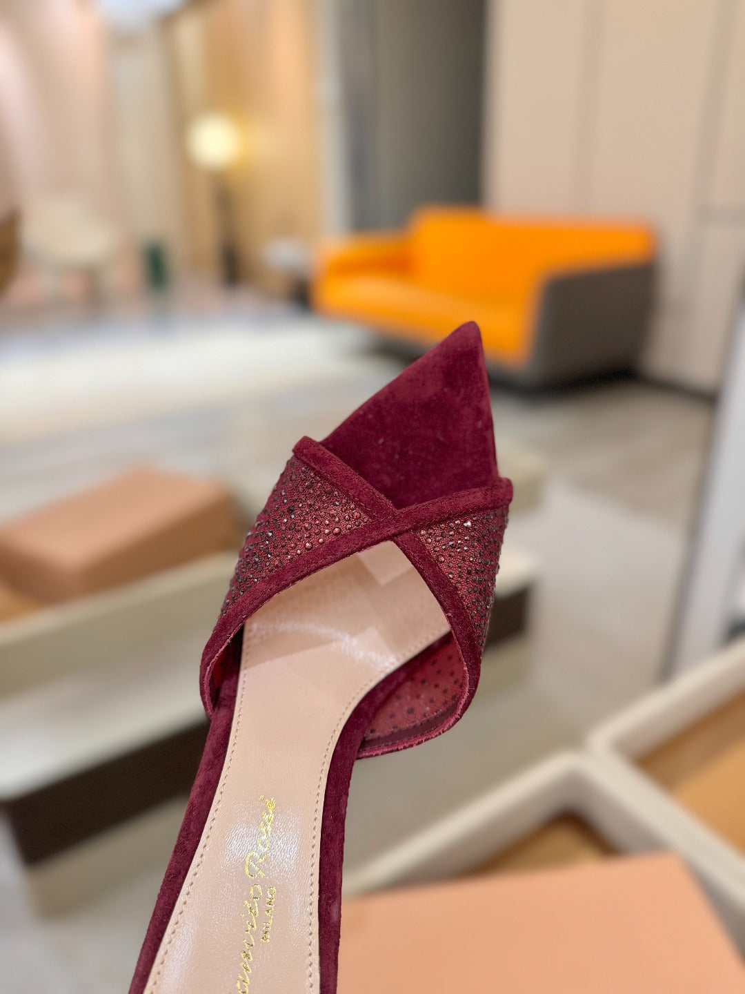 GIANVITO ROSSI 26S POINTED TOE HIGH HEELS 85 MM IN DARK RED SUEDE WITH RHINESTONE STRAP