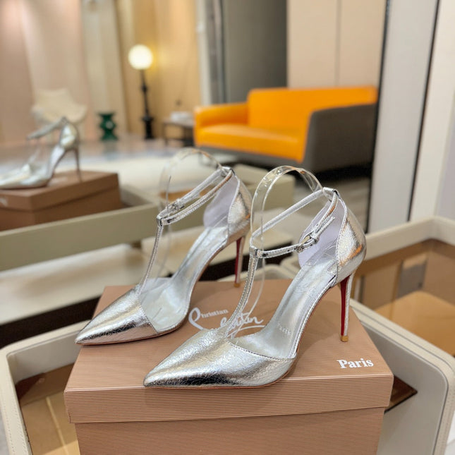 CHRISTIAN LOUBOUTIN 26S T-STRAP HIGH HEELS 105 MM IN SILVER CALFSKIN