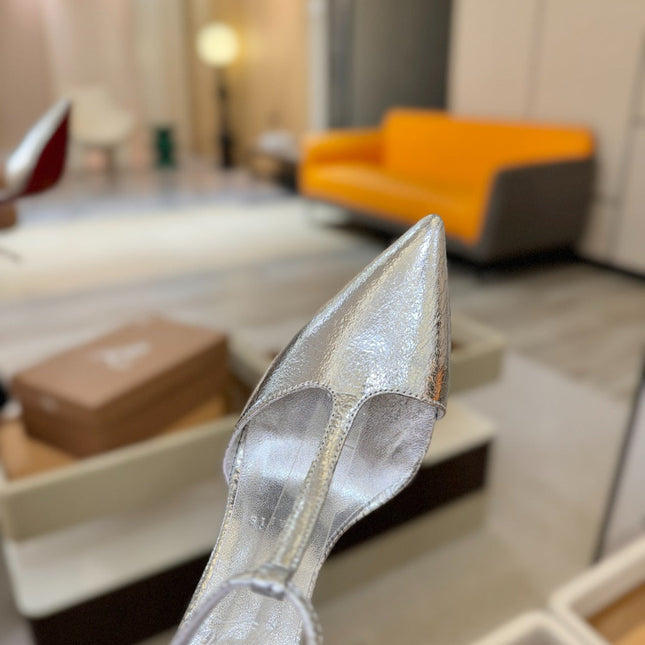 CHRISTIAN LOUBOUTIN 26S T-STRAP HIGH HEELS 105 MM IN SILVER CALFSKIN