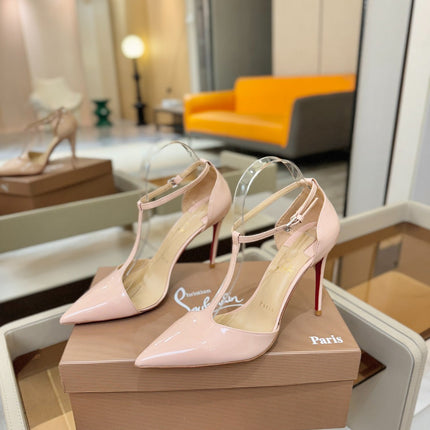 CHRISTIAN LOUBOUTIN 26S T-STRAP HIGH HEELS 105 MM IN NUDE PATENT CALFSKIN