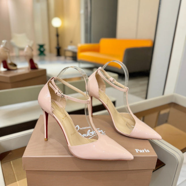 CHRISTIAN LOUBOUTIN 26S T-STRAP HIGH HEELS 105 MM IN NUDE PATENT CALFSKIN