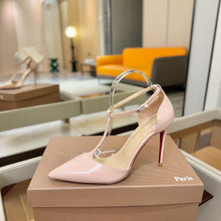 CHRISTIAN LOUBOUTIN 26S T-STRAP HIGH HEELS 105 MM IN NUDE PATENT CALFSKIN