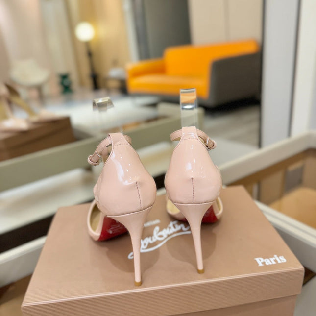 CHRISTIAN LOUBOUTIN 26S T-STRAP HIGH HEELS 105 MM IN NUDE PATENT CALFSKIN