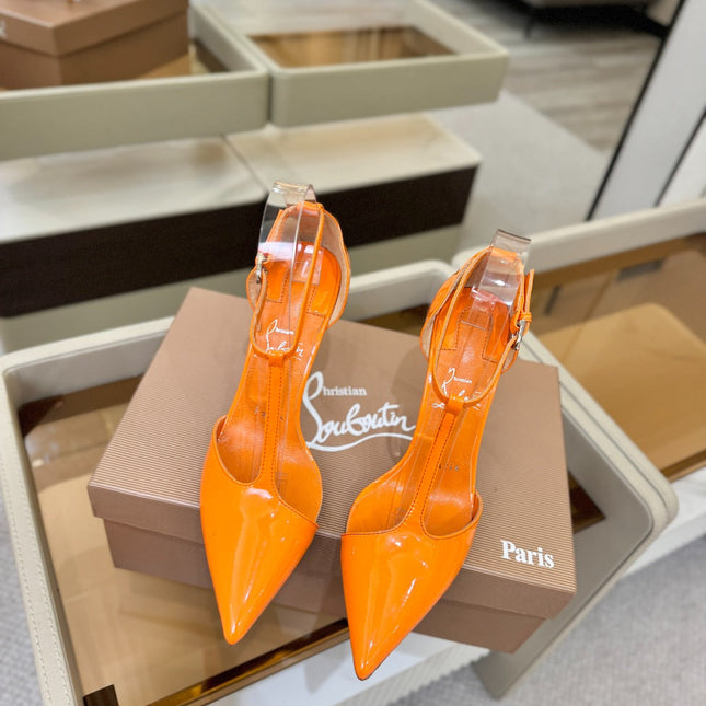 CHRISTIAN LOUBOUTIN 26S T-STRAP HIGH HEELS 105 MM IN ORANGE PATENT CALFSKIN