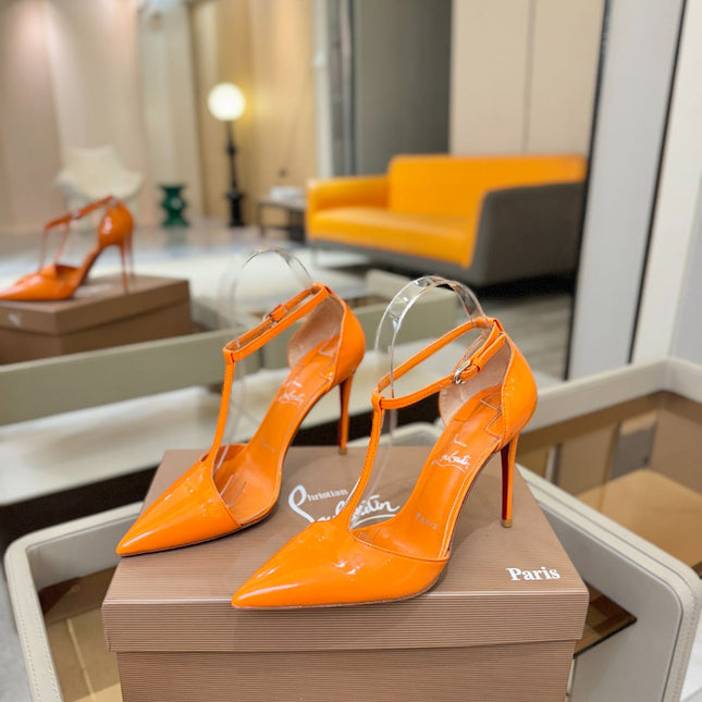 CHRISTIAN LOUBOUTIN 26S T-STRAP HIGH HEELS 105 MM IN ORANGE PATENT CALFSKIN
