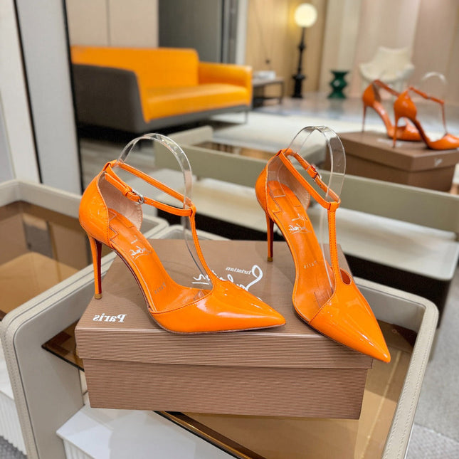 CHRISTIAN LOUBOUTIN 26S T-STRAP HIGH HEELS 105 MM IN ORANGE PATENT CALFSKIN