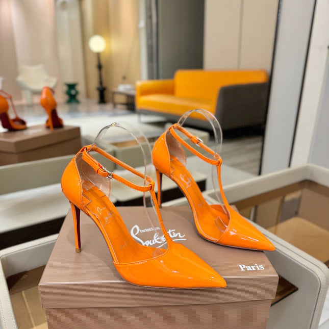 CHRISTIAN LOUBOUTIN 26S T-STRAP HIGH HEELS 105 MM IN ORANGE PATENT CALFSKIN