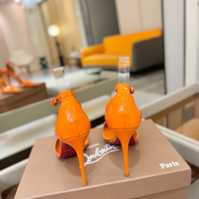 CHRISTIAN LOUBOUTIN 26S T-STRAP HIGH HEELS 105 MM IN ORANGE PATENT CALFSKIN