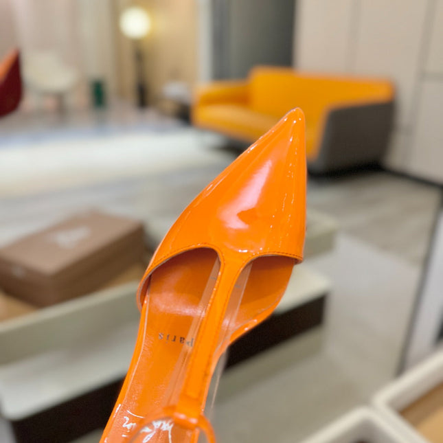 CHRISTIAN LOUBOUTIN 26S T-STRAP HIGH HEELS 105 MM IN ORANGE PATENT CALFSKIN