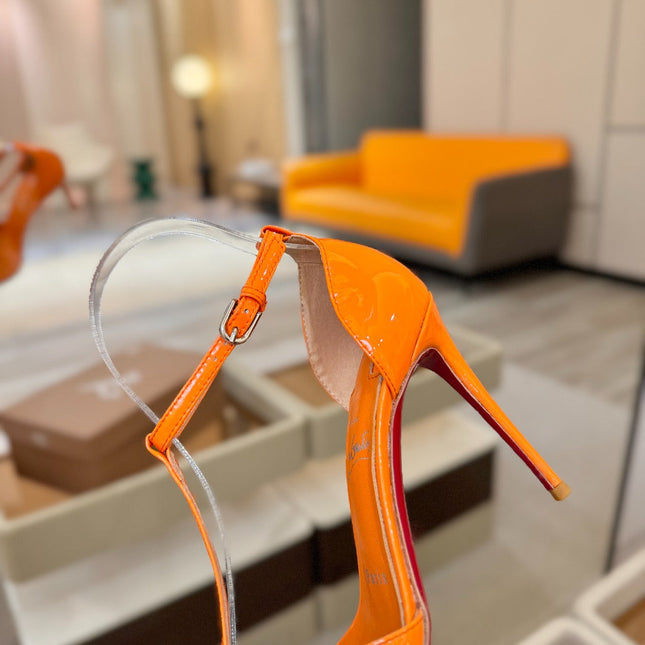 CHRISTIAN LOUBOUTIN 26S T-STRAP HIGH HEELS 105 MM IN ORANGE PATENT CALFSKIN