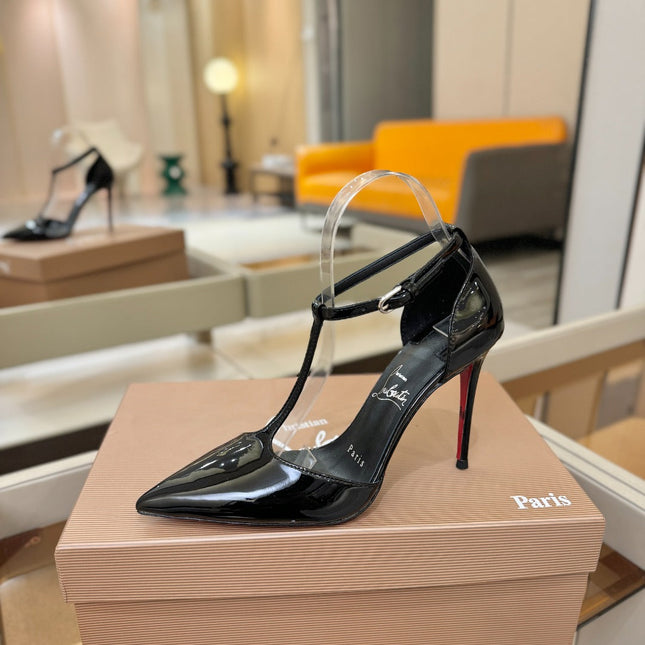 CHRISTIAN LOUBOUTIN 26S T-STRAP HIGH HEELS 105 MM IN BLACK PATENT CALFSKIN