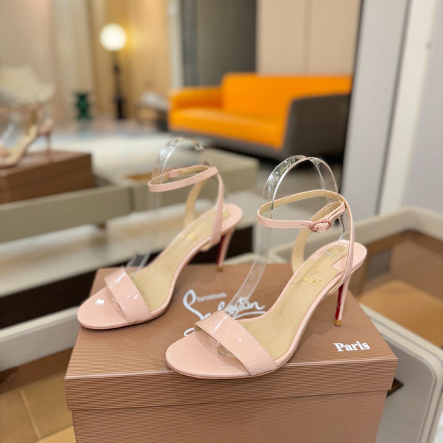CHRISTIAN LOUBOUTIN 26S HEELED SANDALS 85 MM IN BLUSH PINK PATENT CALFSKIN