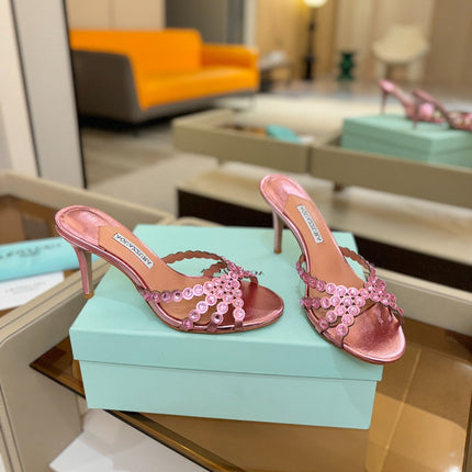 AQUAZZURA 26S TEQUILA HEELED SANDALS 85 MM IN METALLIC PINK LAMBSKIN