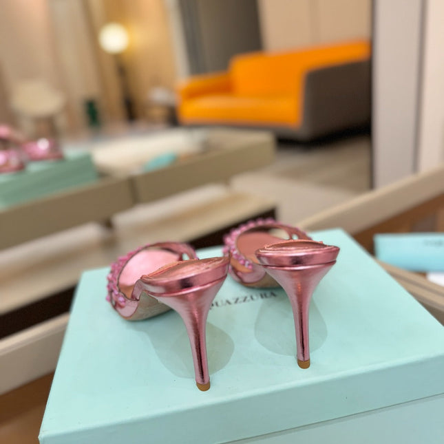 AQUAZZURA 26S TEQUILA HEELED SANDALS 85 MM IN METALLIC PINK LAMBSKIN