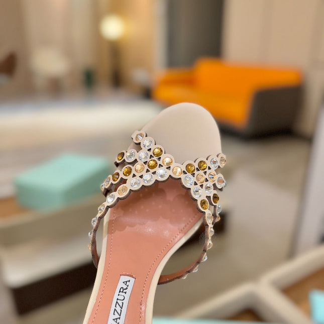 AQUAZZURA 26S TEQUILA HEELED SANDALS 85 MM IN BEIGE LAMBSKIN