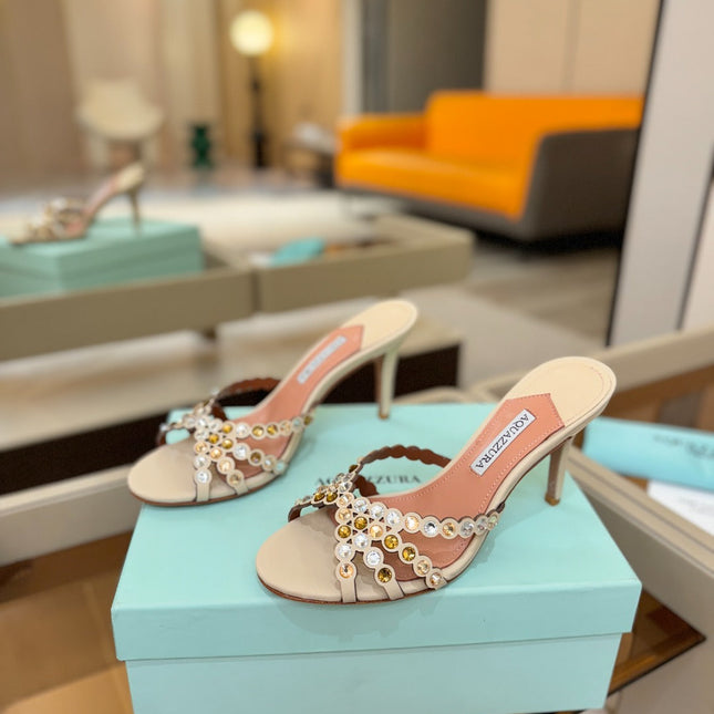 AQUAZZURA 26S TEQUILA HEELED SANDALS 85 MM IN BEIGE LAMBSKIN