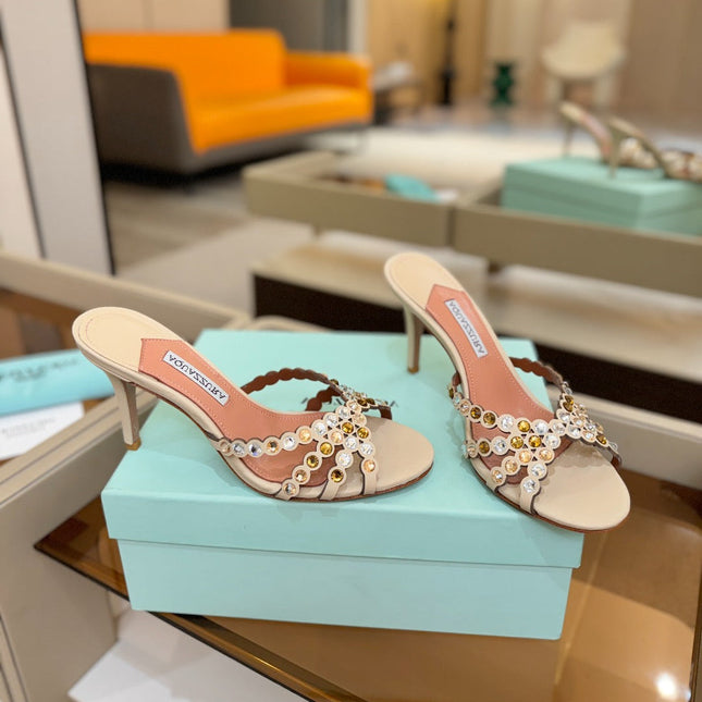 AQUAZZURA 26S TEQUILA HEELED SANDALS 85 MM IN BEIGE LAMBSKIN