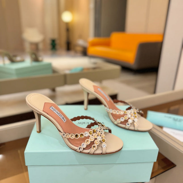 AQUAZZURA 26S TEQUILA HEELED SANDALS 85 MM IN BEIGE LAMBSKIN