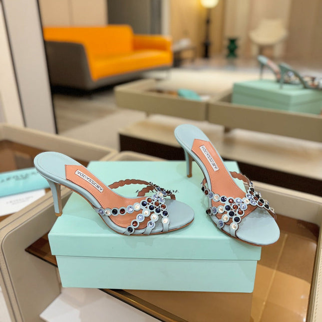 AQUAZZURA 26S TEQUILA HEELED SANDALS 85 MM IN LIGHT BLUE LAMBSKIN