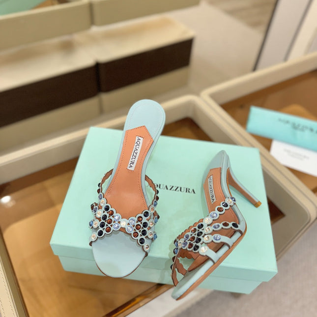 AQUAZZURA 26S TEQUILA HEELED SANDALS 85 MM IN LIGHT BLUE LAMBSKIN