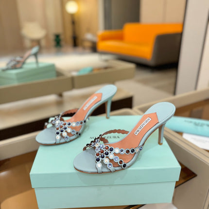 AQUAZZURA 26S TEQUILA HEELED SANDALS 85 MM IN LIGHT BLUE LAMBSKIN