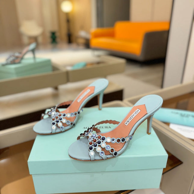 AQUAZZURA 26S TEQUILA HEELED SANDALS 85 MM IN LIGHT BLUE LAMBSKIN