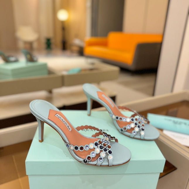AQUAZZURA 26S TEQUILA HEELED SANDALS 85 MM IN LIGHT BLUE LAMBSKIN