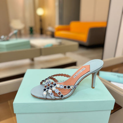 AQUAZZURA 26S TEQUILA HEELED SANDALS 85 MM IN LIGHT BLUE LAMBSKIN