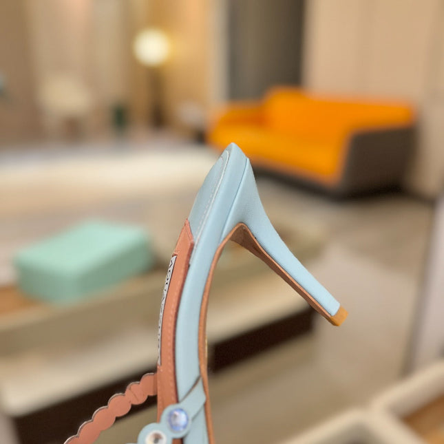 AQUAZZURA 26S TEQUILA HEELED SANDALS 85 MM IN LIGHT BLUE LAMBSKIN