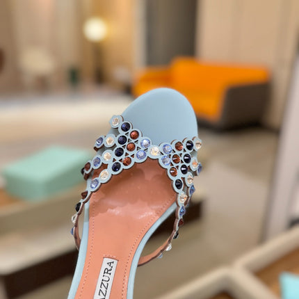 AQUAZZURA 26S TEQUILA HEELED SANDALS 85 MM IN LIGHT BLUE LAMBSKIN