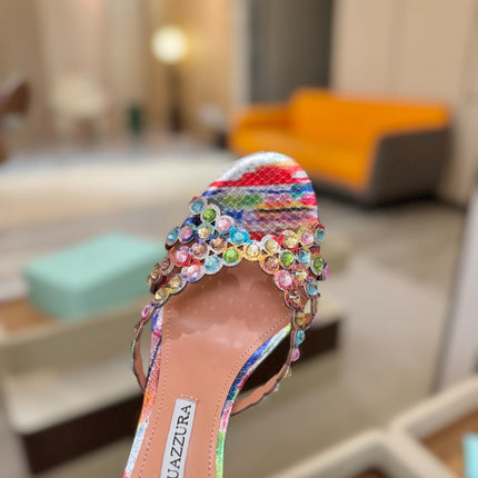 AQUAZZURA 26S TEQUILA HEELED SANDALS 85 MM IN MULTICOLOR SNAKESKIN
