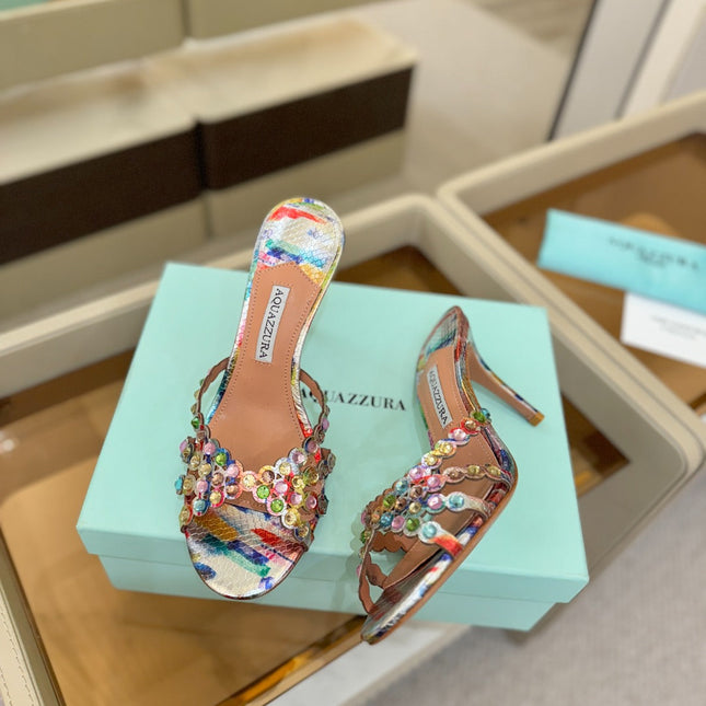 AQUAZZURA 26S TEQUILA HEELED SANDALS 85 MM IN MULTICOLOR SNAKESKIN