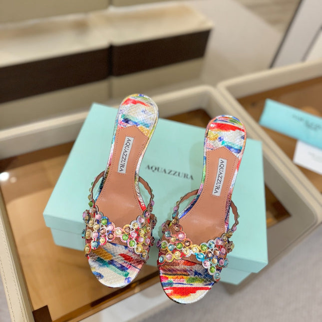 AQUAZZURA 26S TEQUILA HEELED SANDALS 85 MM IN MULTICOLOR SNAKESKIN
