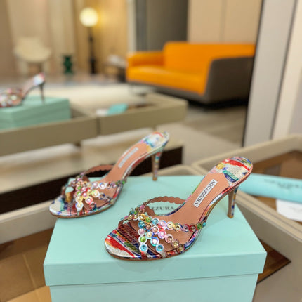 AQUAZZURA 26S TEQUILA HEELED SANDALS 85 MM IN MULTICOLOR SNAKESKIN