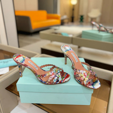 AQUAZZURA 26S TEQUILA HEELED SANDALS 85 MM IN MULTICOLOR SNAKESKIN