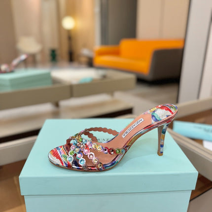 AQUAZZURA 26S TEQUILA HEELED SANDALS 85 MM IN MULTICOLOR SNAKESKIN