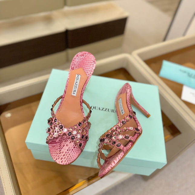 AQUAZZURA 26S TEQUILA HEELED SANDALS 85 MM IN PINK SNAKESKIN WITH MULTICOLOR CRYSTAL