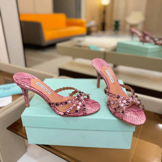AQUAZZURA 26S TEQUILA HEELED SANDALS 85 MM IN PINK SNAKESKIN WITH MULTICOLOR CRYSTAL