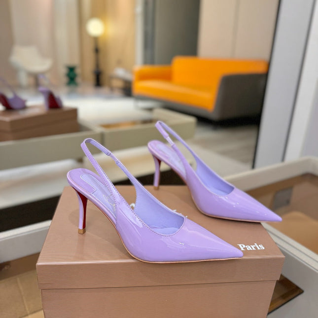 CHRISTIAN LOUBOUTIN 26S SLINGBACK HEELS 85 MM IN LIGHT PURPLE PATENT CALFSKIN