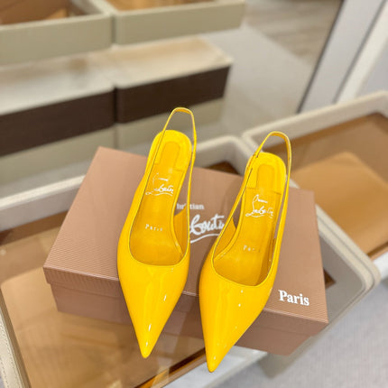 CHRISTIAN LOUBOUTIN 26S SLINGBACK HEELS 85 MM IN DARK YELLOW PATENT CALFSKIN