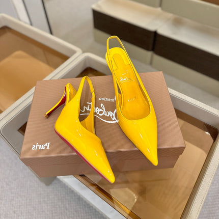 CHRISTIAN LOUBOUTIN 26S SLINGBACK HEELS 85 MM IN DARK YELLOW PATENT CALFSKIN