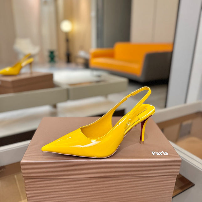 CHRISTIAN LOUBOUTIN 26S SLINGBACK HEELS 85 MM IN DARK YELLOW PATENT CALFSKIN