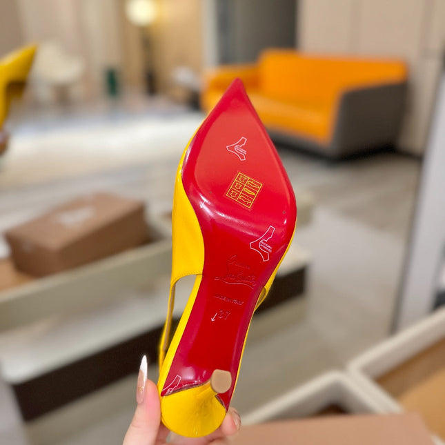 CHRISTIAN LOUBOUTIN 26S SLINGBACK HEELS 85 MM IN DARK YELLOW PATENT CALFSKIN
