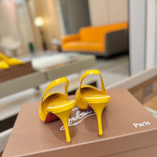 CHRISTIAN LOUBOUTIN 26S SLINGBACK HEELS 85 MM IN DARK YELLOW PATENT CALFSKIN