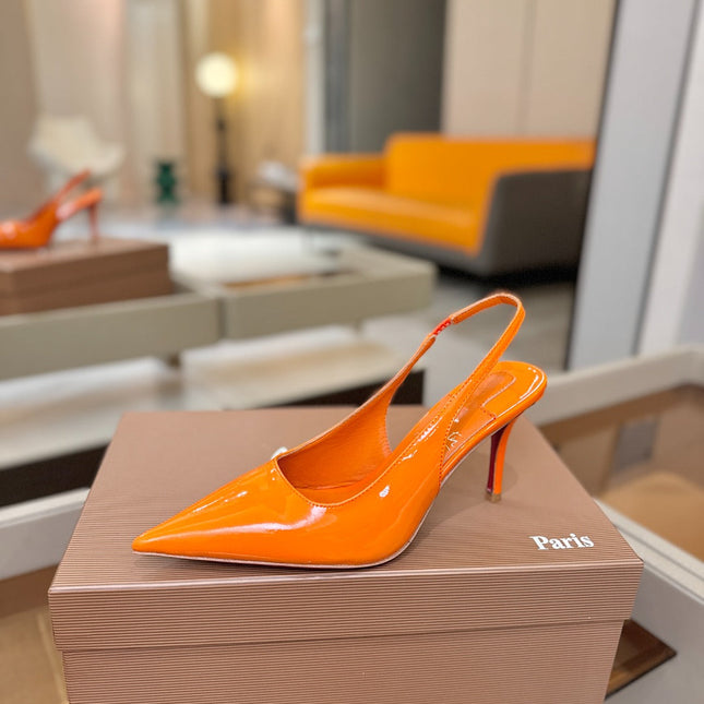 CHRISTIAN LOUBOUTIN 26S SLINGBACK HEELS 85 MM IN ORANGE PATENT CALFSKIN